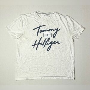 Tommy Hilfiger T‎ Shirt Womens Large Short Sleeve Crew Neck Script Logo White